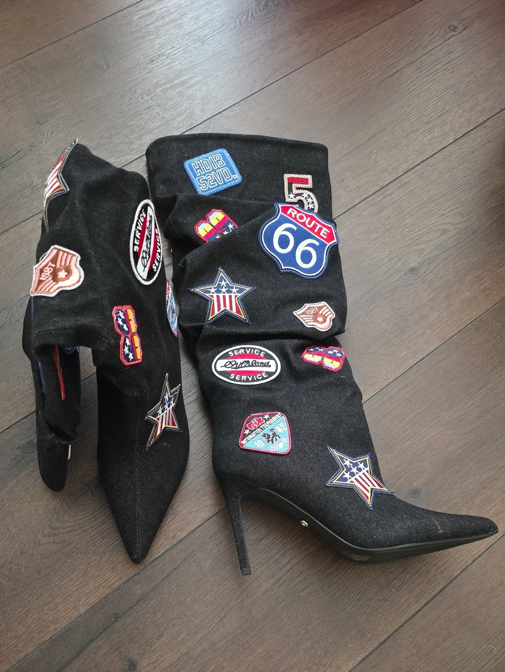 Azalea Wang Akira Black Patch-Embellished Women’s High Heel Boots